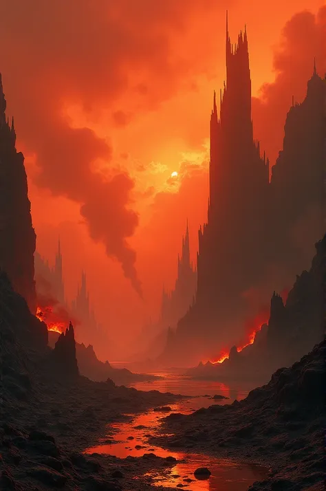 Paysage infernal dans les couleurs orangé rouge. Des plages diaboliques, des cités en ruines. Tout le paysage doit représenter lenfer, la mélancolie et la souffrance