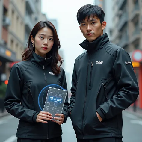 
Two individuals stand side by side in a near-future urban setting. Both wear sleek, form-fitting jackets featuring a subtle “RUNS” logo on the chest, integrated with translucent smart-fabric panels and subtle holographic accents. The first is a 25-year-ol...