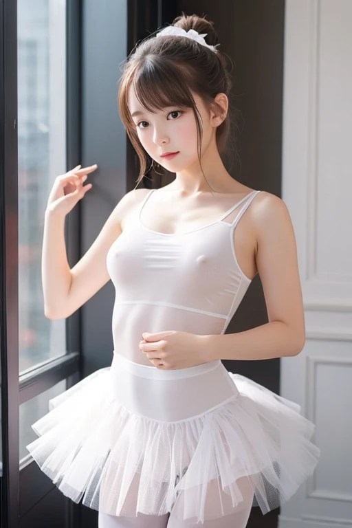  girl,　,　ballerina,    smaller breasts、（White tutu,  see-through）