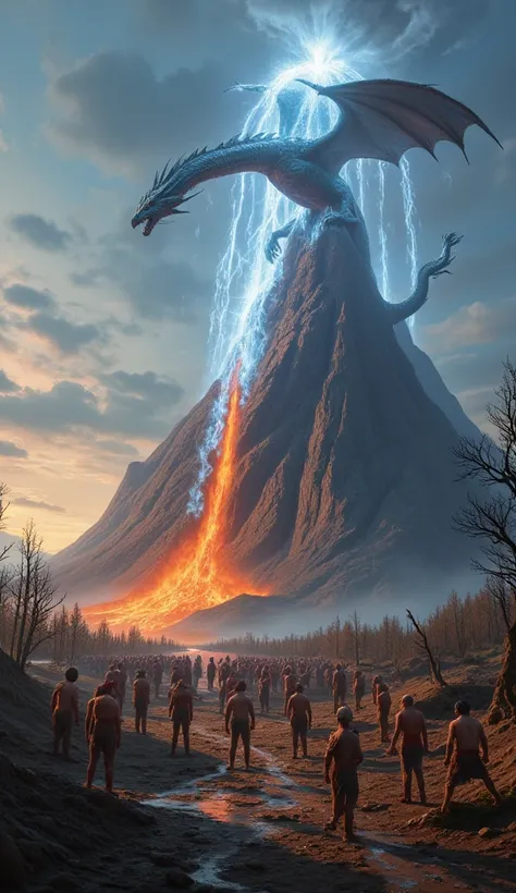 A huge mountain erupted and spewed zombies and there was a dragon that was spouting ice into the mountain and tree trees were burning Super Detailed, textured skin, 