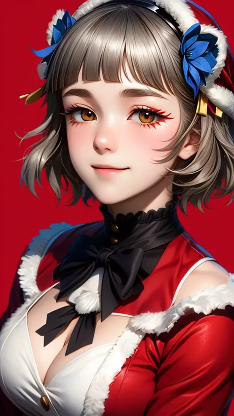 (((solo))), 1 woman, Sakuya Kurobane, sakuyaunif, kurobane_sakuya, (brown eyes), short hair, grey hair, black hairband, blue hair flower, red eyeliner, chest, blush, smile, (upper body), santa claus