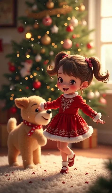 Cute  girl dancing infront of Christmas tree wearing Christmas dress snow fall  cute puppy  realistic image clear eye detail face 