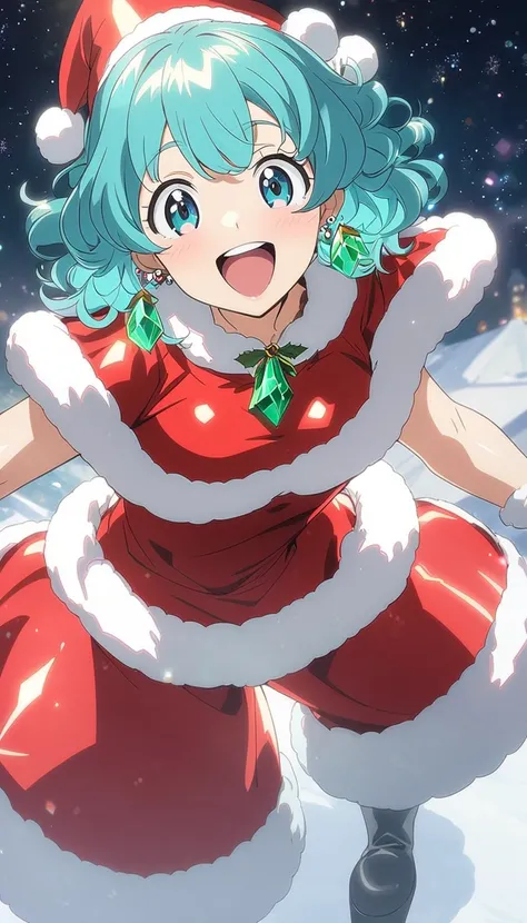 aqua hair, shiny hair, short hair, wavy hair, large breasts, santa costume, Fur hot pants, tights, platform boots, happy, looking at viewer, crystal earrings, anime