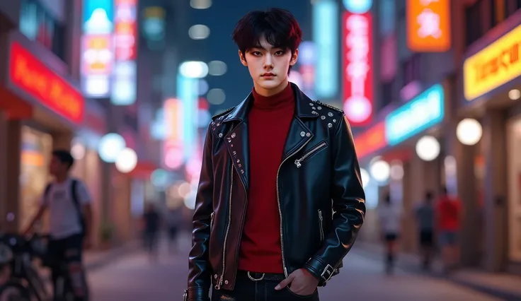 "Generate an image of a full-body view of a 23-year-old Korean boy standing confidently on a dimly lit urban street at night, with vibrant, flickering city lights and neon signs creating a dynamic bokeh effect in the background. He has a cool and charismat...