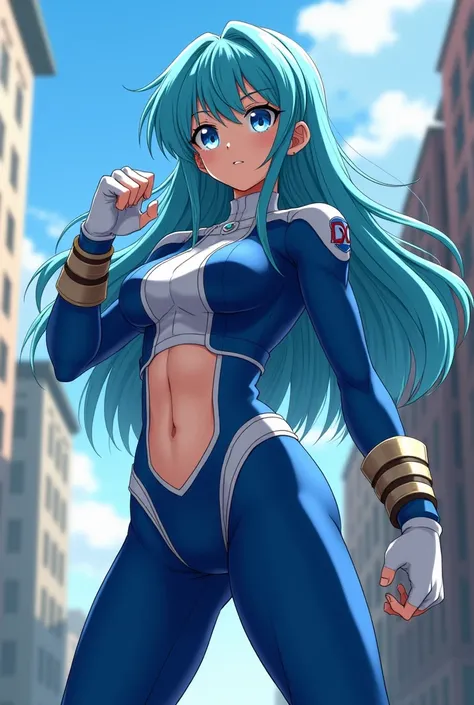  My Hero Academia Style ,   anime girl , woman, young woman ,  full body shot ,( Fighting Stance :1.3),Long Hair, Skyblue Hair,   Blue Eyes , hero suit, Full Body Suit,  Blue suit with white details, perfect anatomy,  enhanced abs , super detailed,(buildin...