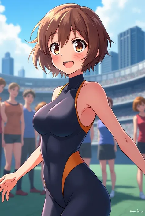 ochakouraraka,  Ochako Uraraka, (Uraraka Ochako:1.5), (brown eyes:1.5),  brown hair,  short hair, blush, blush stickers, smile,
BREAK (body:1.5), Skin Tight
BREAK outdoors , city,
 BREAK watching the spectator ,
BREAK (masterpiece:1.2),  Best Quality ,  Hi...