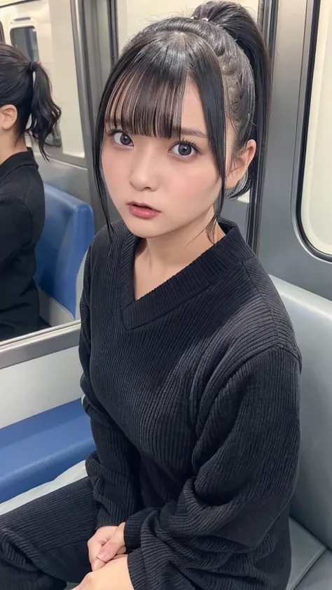 ((adult)),(sitting on the seat),(((black long sleeve knit, black corduroy pants))), (((look at camera, open mouth, angry disgusted eyes:1.1)))、((((black short ponytail hair, bangs)))), Japanese、(dark skin),((((Round face))))、(big cheeks)、((Cute Face))、(((J...