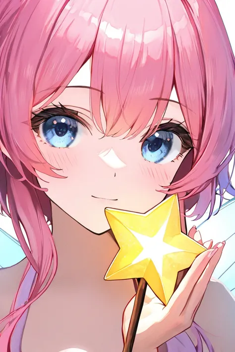   high definition , accurate,  top quality,  high detail,  high definition model,  very detailed,  1 girl、 holding a star , Fairy、fairy、Feather、 imaginary,  Transparency、watercolor smiles,  Bright Eyes , Character portrait,  top quality,  Pink Hair 