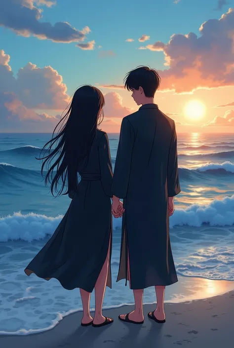 one girls stand up in the sea beach. She wear a traditional dress. we see just her back side. She has a boyfriend please edit picture with her boyfriend. They are same height. They wear black color. Picture are cartoon base. Girls have long hair. they see ...