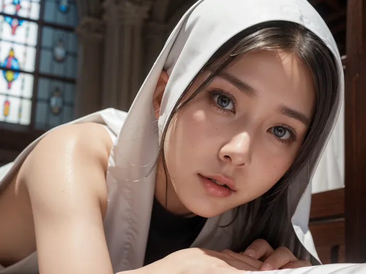   nudes、young nun, Bible, Grey Hair, church,  realistic detail eye  ,((( She is being made to ejaculate))),Kind Face、affected ,
