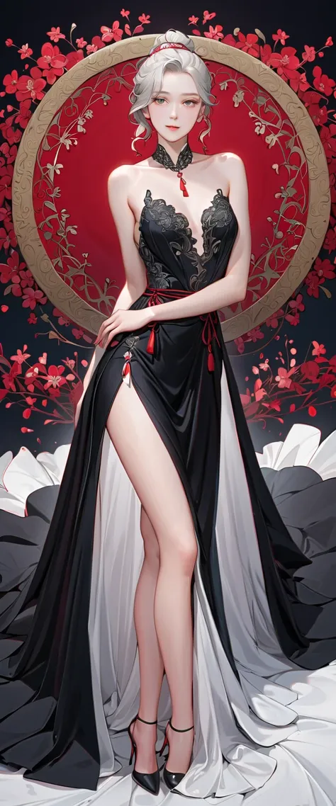  are of the best quality,  very high resolution,  very detailed , 2.5D, Delicate and flexible,  Beautiful Woman , White hair tied up ,  gorgeous and charming black evening dress, Red Line,  shiny satin fabric , Lace, embroidery, robe, shawl, Accessories,  ...