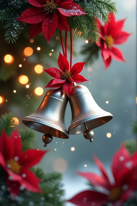 dwa srebrne dzwonki ozdobione intensywnie czerwoną poinsecją i zielonymi gałązkami. The bell tower is hung on a red ribbon. Wokół niej unosi się magiczny pył i błyszczące światełka. Całość tworzy świąteczną zimową atmosferę