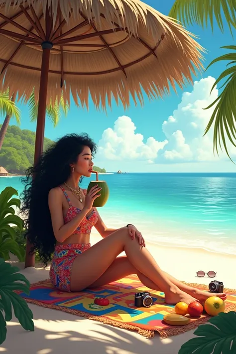 A tropical beach have an asean girl with long black curly hair, tall and thin, wearing boho style, drinking coconut milk under an umbrella. There is a camera, a sunglasses and many tropical fruit on the mat. 