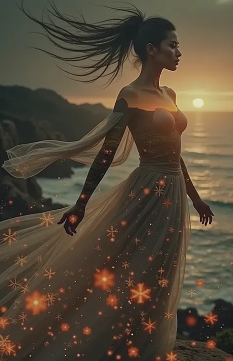 High quality, 8K Ultra HD, Beautiful double exposure combining the silhouette of a goddess and a sunset coast, The sunset coast should be the background, with its details merging into the goddess, Clear lines, Monochrome background, Sharp focus, Double exp...