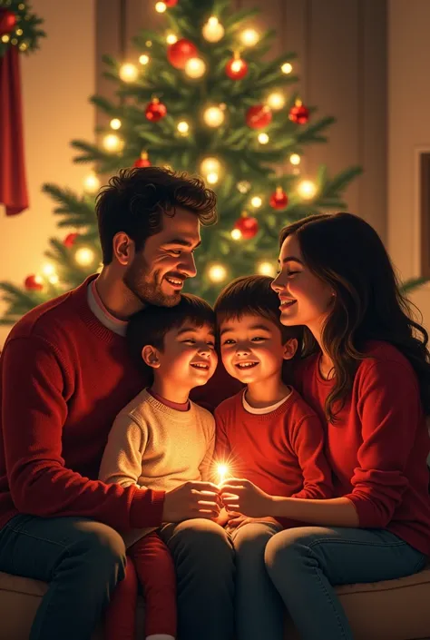 Create an image of a Christmas with the Dávila family with 2 older male siblings,  a teenage daughter , dad, mother 