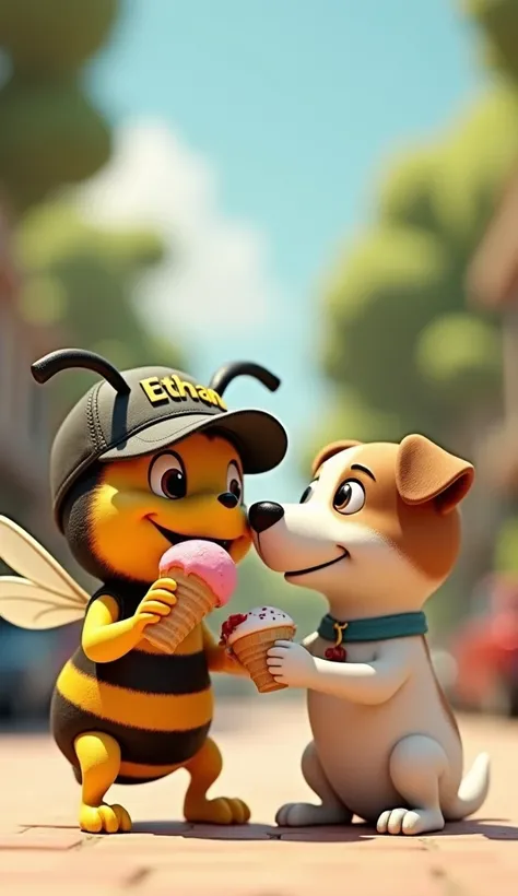 Une abeille à forme humaine avec une casquette avec linscription "ETHAN" mange avec un jack Russel une glace.