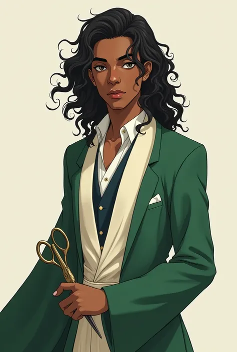  anime style ,  a tall young man , black skinned,  scissors , To look seductive ,  with long curly hair and black ,  clothes from the green and white court but nothing exaggerated. He is a painter 