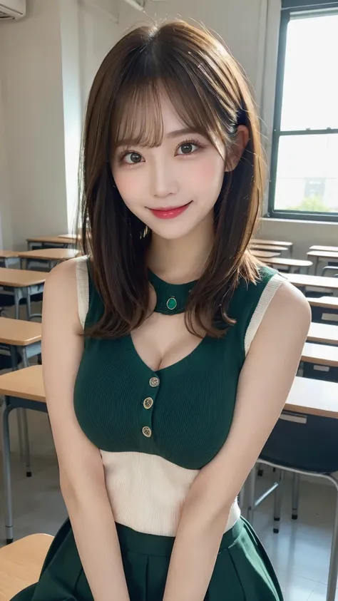  school classroom,  top quality, shape, 非常に Detailsな,  Details,  high definition , 8k wallpaper,  perfect dynamic configuration,  beautiful details,   natural lips, (((emerald green sleeveless sweater))), tight skirt that sits at the crotch, (((H cup breas...