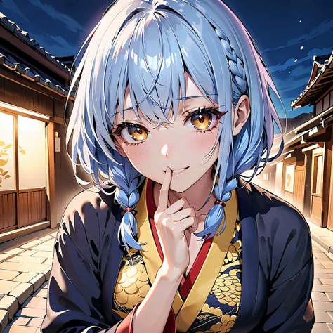 Ultra high resolution, anime style, Beautiful girl in her 20s,  clear skin,Fair skin, Braid straight hair , asymmetrical bangs , medium hair, ,Fresh blue hair , A small face with a well-shaped shape, Beautiful face, laughs, Moist eyes,clear々Beautiful yello...