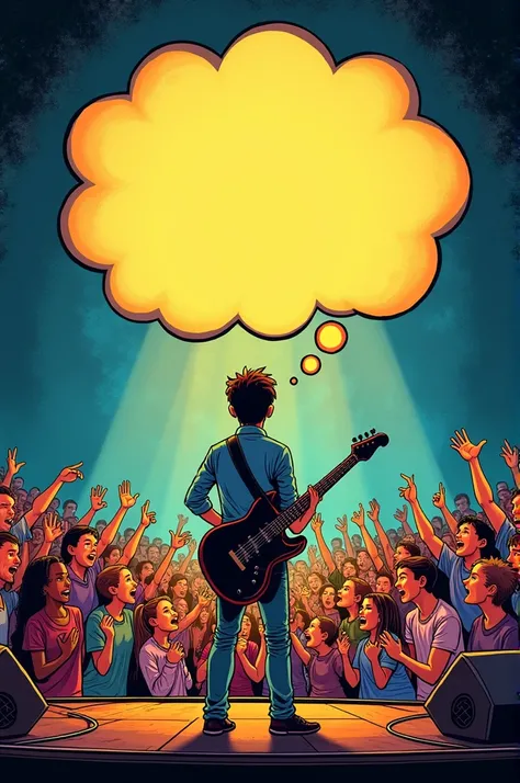 Make this a comics style.
**Panel 2:** A thought bubble appears above Alexs head, showing a scene of him standing on a stage, playing a guitar to a cheering crowd.