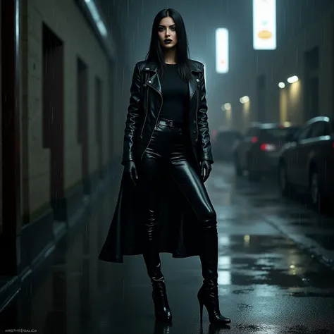 Kim Kardashian stands in black lipstick in a black leather jacket in a black leather trouser wearing black gloves in black leather heels in the rain 