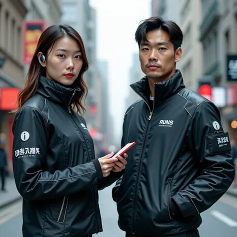 
Two individuals stand side by side in a near-future urban setting. Both wear sleek, form-fitting jackets featuring a subtle “RUNS” logo on the chest, integrated with translucent smart-fabric panels and subtle holographic accents. The first is a 20 year-ol...