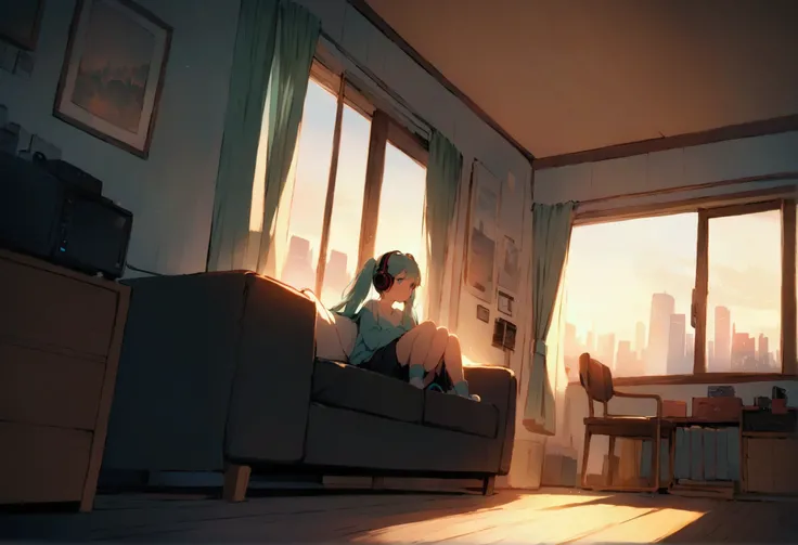 ((Best Quality)), (masterpiece), wide-angle view of a cozy, bright room during golden hour. Hatsune Miku sits by the window, wearing headphones, with teal twin tails and a serene expression. Warm sunlight streams through the window, casting a soft glow ove...