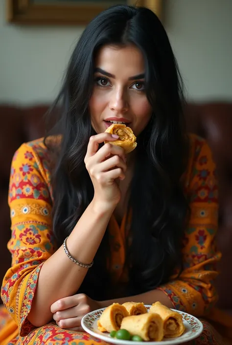 A woman wearing a Pakistani anarkali shirt with black hair unraveled is sitting staring at the camera while eating a giant size banana roll 