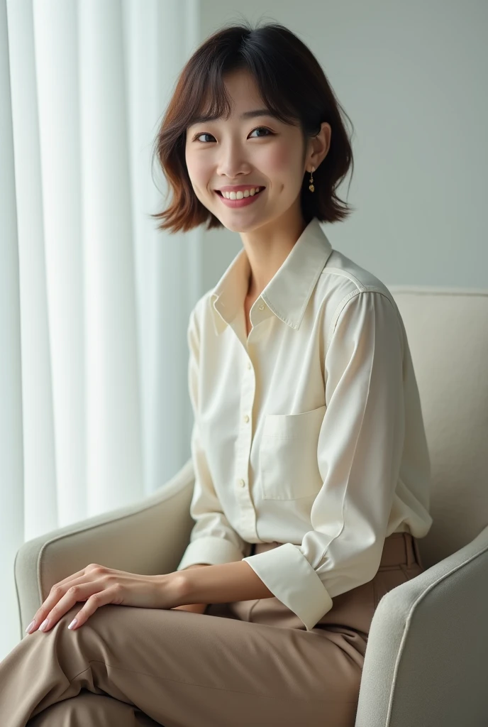  professional lighting  、 plain Japanese girl、smile、 very short hair , Delicate body、Age: 28　( flat chested)、  full body photo 　23-year-old office lady　Sit on a chair　 legs crossed