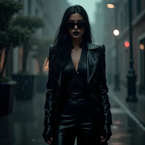 Kim Kardashian stands in black lipstick in black sunglasses in a black leather jacket in a black leather trouser wearing black gloves in black leather heels in the rain 