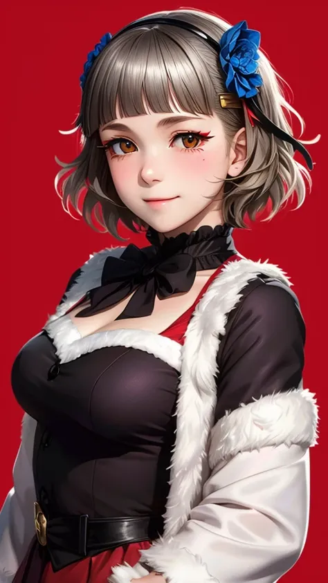 (((solo))), 1 woman, Sakuya Kurobane, sakuyaunif, kurobane_sakuya, (brown eyes), short hair, grey hair, black hairband, blue hair flower, red eyeliner, chest, blush, smile, (upper body), santa claus