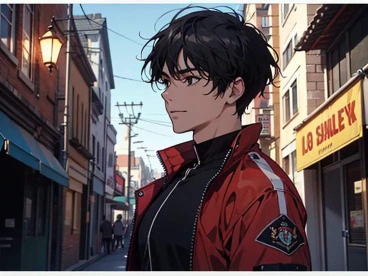 masterpiece, best quality, high quality, ultra detailed, insanely detailed, male, delightful, smiling, standing, looking to the right, very short hair, black hair, black eyes, slant eyes, tall, black athletic, red t-shirt, jacket, 40-year-old, outside, blu...