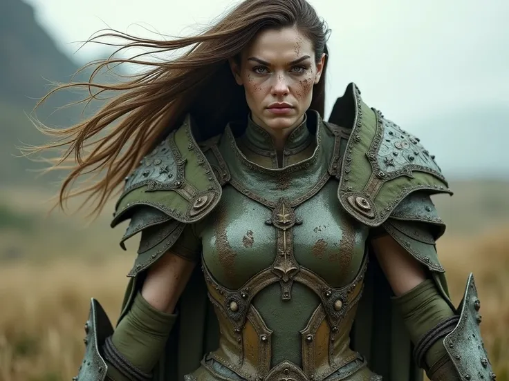 Lena Headey,warcraft mud orc breacking armor, orc mud woman, with long hair blowing in the wind, realistic skin,full  body view, smooth soft skin, symmetrical face, photorealistic,high detailed face, concept art, digital painting, ethereal, epic, 8k, intri...