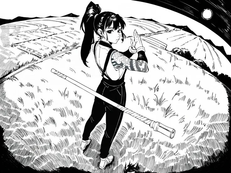 1girl, wearing a chinese , holding bo staff, looking back, martial artist, black hair tied in a high ponytail, black eyes, asian ethnicity, slender body. standing in a rice field, tattoos, fisheye perspective, cinematic manga hatching, ultra detailed hatch...