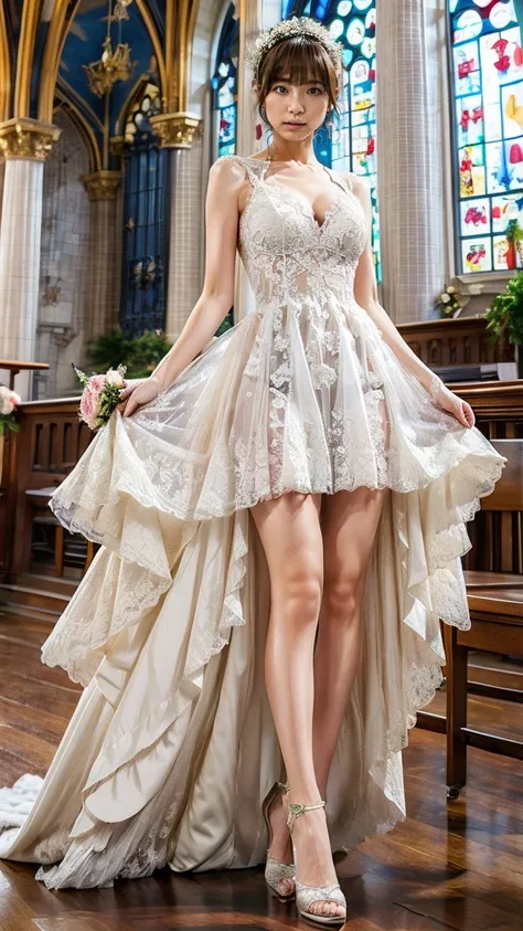 A beautiful young Japanese woman, 26 years old, with healthy thighs, beautiful legs, flawless skin, random hair color and style, large breasts, wearing a (wedding dress:1.3), (she is standing:1.2), full body shot, high heels, holding a bouquet in her hands...