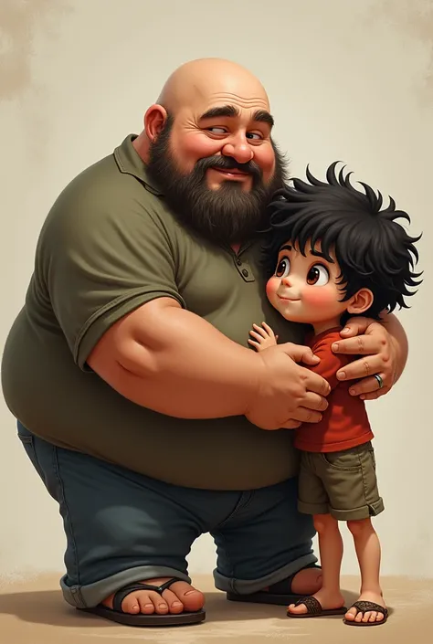 father and son. Corpulent father with shaved hair ,  ten-year-old son with bulky, black hair