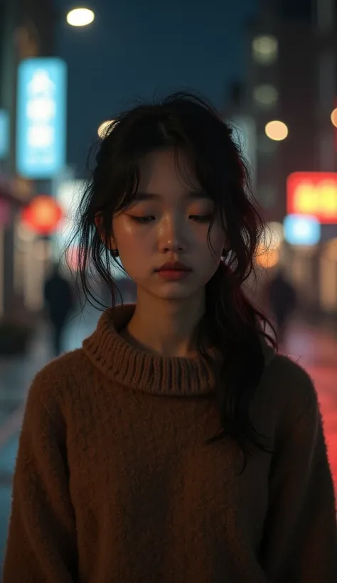 Sofia wearing a brown sweater while her eyes are closed on the street in the blurry night.