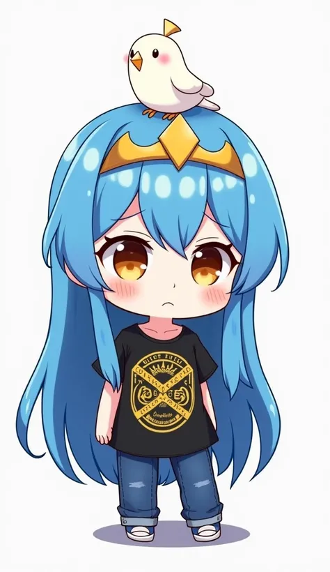 Heres a detailed description of the entire scene, excluding the banner:

- **Character**: The focal point is a chibi (small and cute) styled character with long, bright blue hair that flows down past the shoulders. The hair is adorned with a golden headpie...