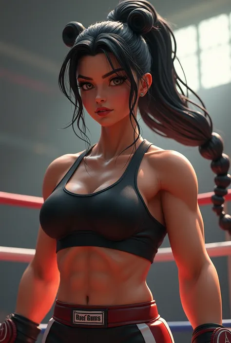  Boxer 
Breasts ,  black hair,  Hair with two high braids,  very long hair,  ponytail,  American plan ,  3D Rendering, 