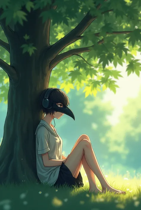 Anime character wearing a crow mask sits listening to music under a tree