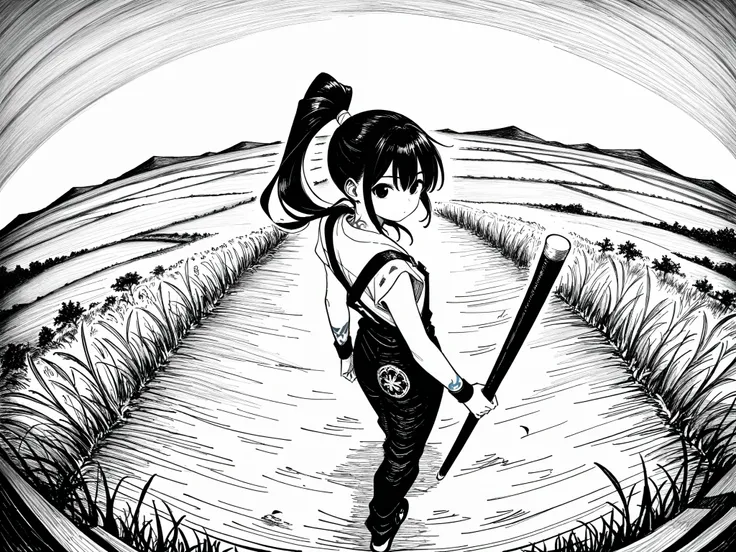 1girl, wearing a chinese , holding bo staff, looking back, martial artist, black hair tied in a high ponytail, black eyes, asian ethnicity, slender body. standing in a rice field, tattoos, fisheye perspective, cinematic manga hatching, ultra detailed hatch...