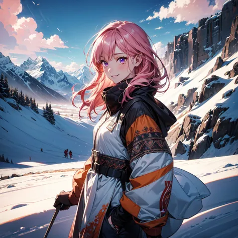 (absurdness, ultra detailed, masterpiece, best quality), cowboy shot, Dutch angle, finely detailed eyes and detailed face, intricate details, complex background, cinematic lighting, lob hair, pink hair, purple eyes, majestic peaks, rugged terrain, panorami...