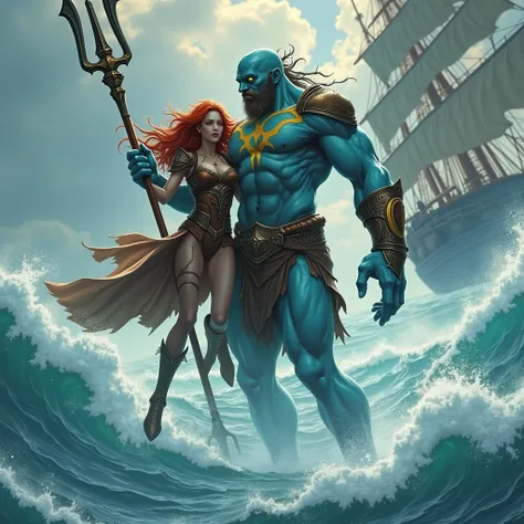 Human genio male, blue skin, yellow eyes, yellow bones, in the background above the sea waves, brown armor, in hand a trident, gaseous legs, saving a human femal, red long hairs, brown leather armor, on a big boat