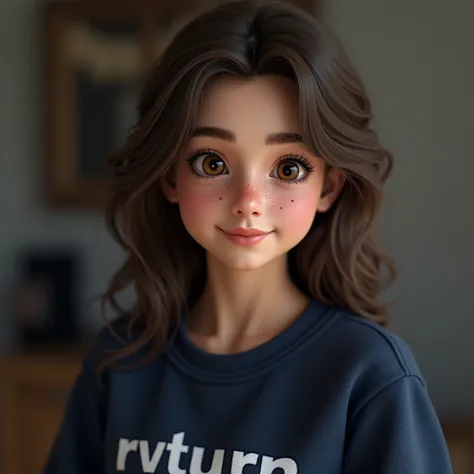 Close up brunette woman with freckles wearing a navy blue sweatshirt with “RVTURN” written in white on her sweater,Rendu3D