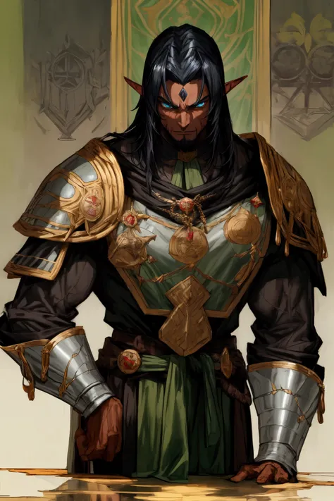 A dark elf with deep ebony skin and a muscular build, wearing a detailed medieval military uniform. He has short black hair and striking emerald-green eyes. The character is male, with a rugged and commanding appearance, standing in a formal pose as if att...