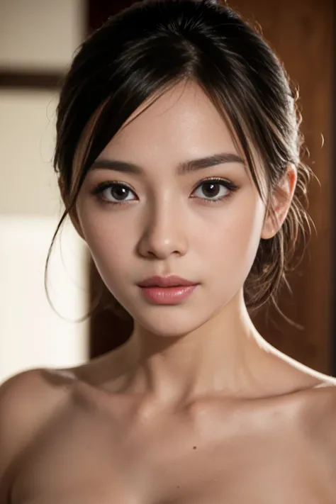 (Highest Quality:1), 8K, 1 woman, indoor, nude, (Asian Beauty:1.5), (Detailed face:1.2), Detailed boobs nipples, Detailed body, Cute makeup, wide eyes, Photorealistic