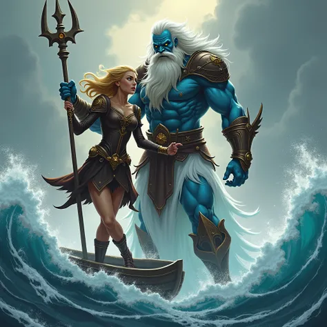 Human genio male, blue skin, white hairs, white bear, yellow eyes, yellow bones, in the background above the sea waves, brown armor, in hand a trident, gaseous legs, saving a human femal, blonde long hairs, brown leather armor, into a boat