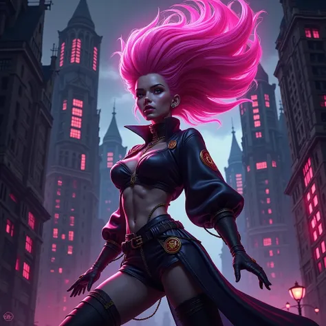 A mesmerizing dark fantasy 3D render illustration features a powerful and enchanting female protagonist with swirling neon pink hair, resembling a fierce storm. Her piercing gray eyes command attention, while her dominance-inspired attire and motifs harmon...