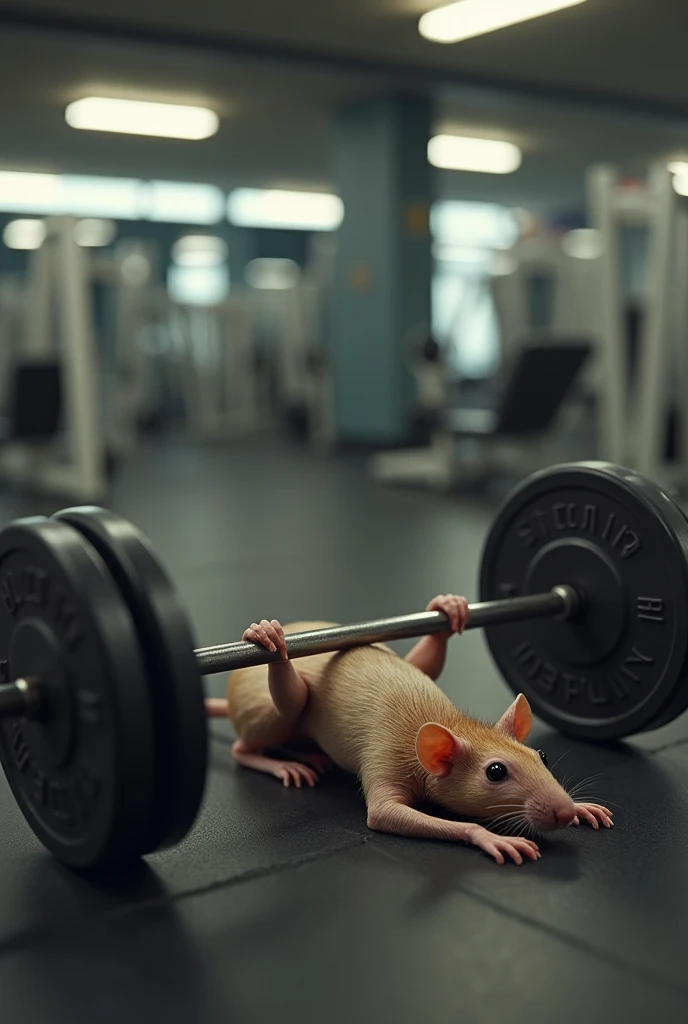  In a gym there was a mouse with a human appearance, Very thin , Lying down doing weight training with weight .
