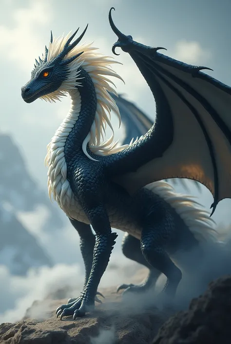 An elegant black dragon with a white mane